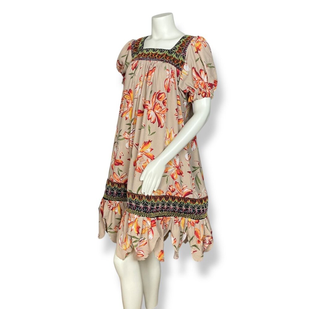 Handmade Muumuu Dress Unique Hemline A-Line Ribbon Floral Tan Women Hawaiian‎